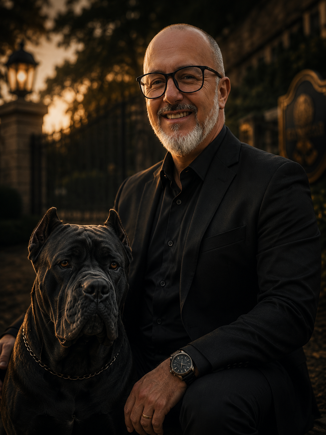 Representação visual do fundador e de um Cane Corso do Canil Santa Paula