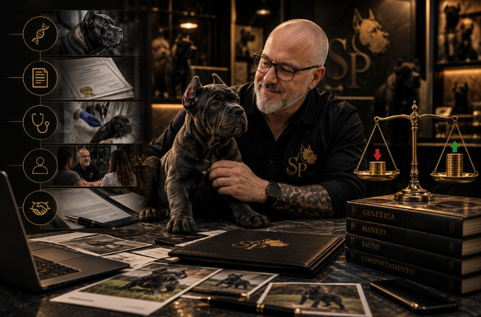 Criador com filhote Cane Corso, documentos, cuidados de saúde e balança representando o investimento consciente